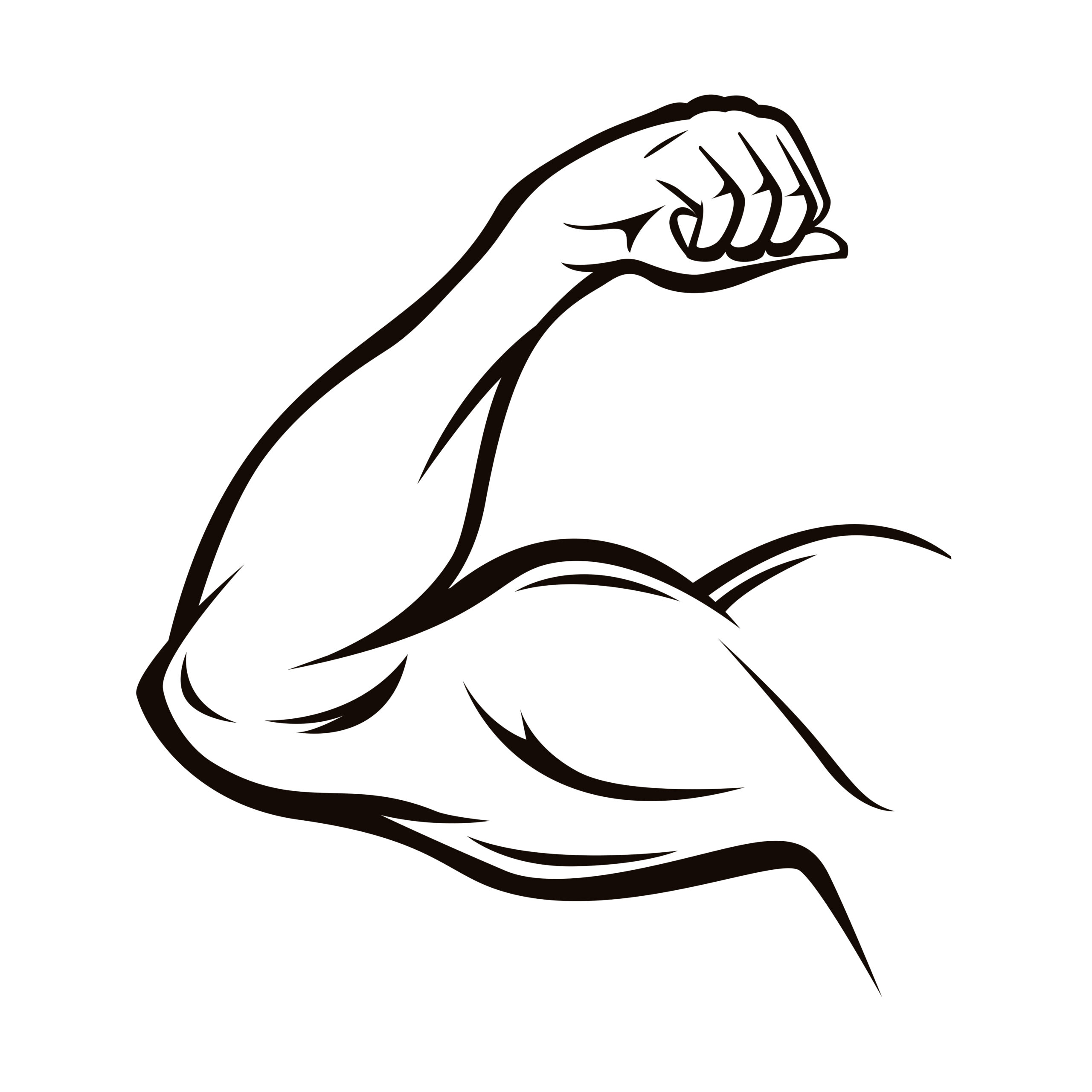 Black Thin Line Strong Male Arm Workout Pose Symbol of Power and Muscle. Vector illustration